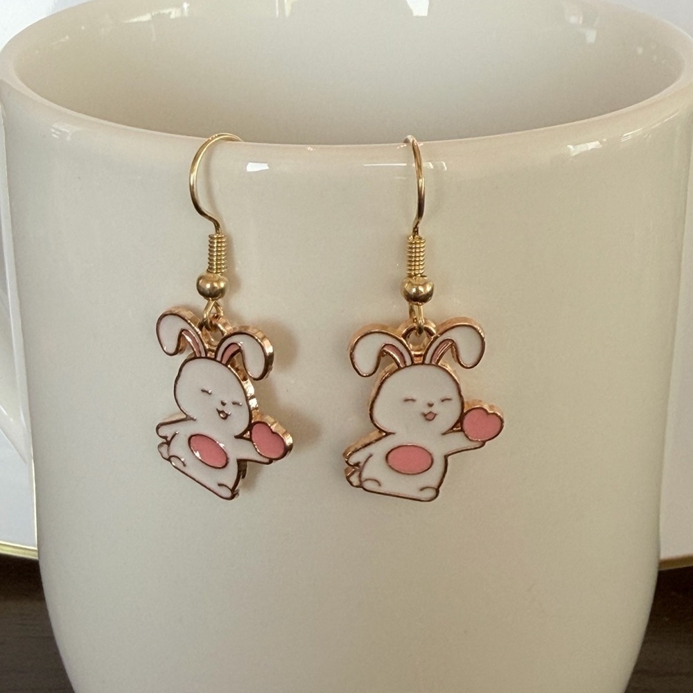 Cute Bunny Heart Drop Earrings - White & Pink Enamel
